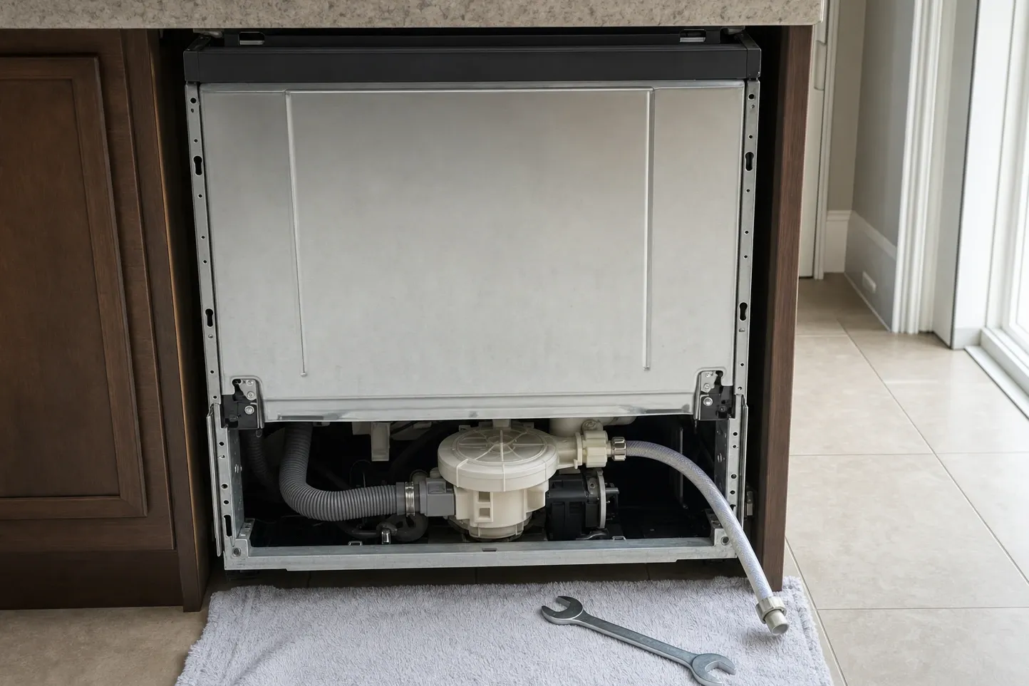 Dishwasher part way out of its opening with the outer door panel off, pump, drain hose and braided supply line visible below the tub