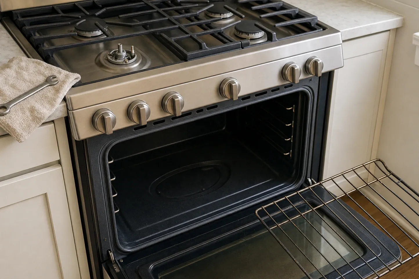 Gas range with one burner cap and grate removed, showing the burner head and its igniter, oven door open below