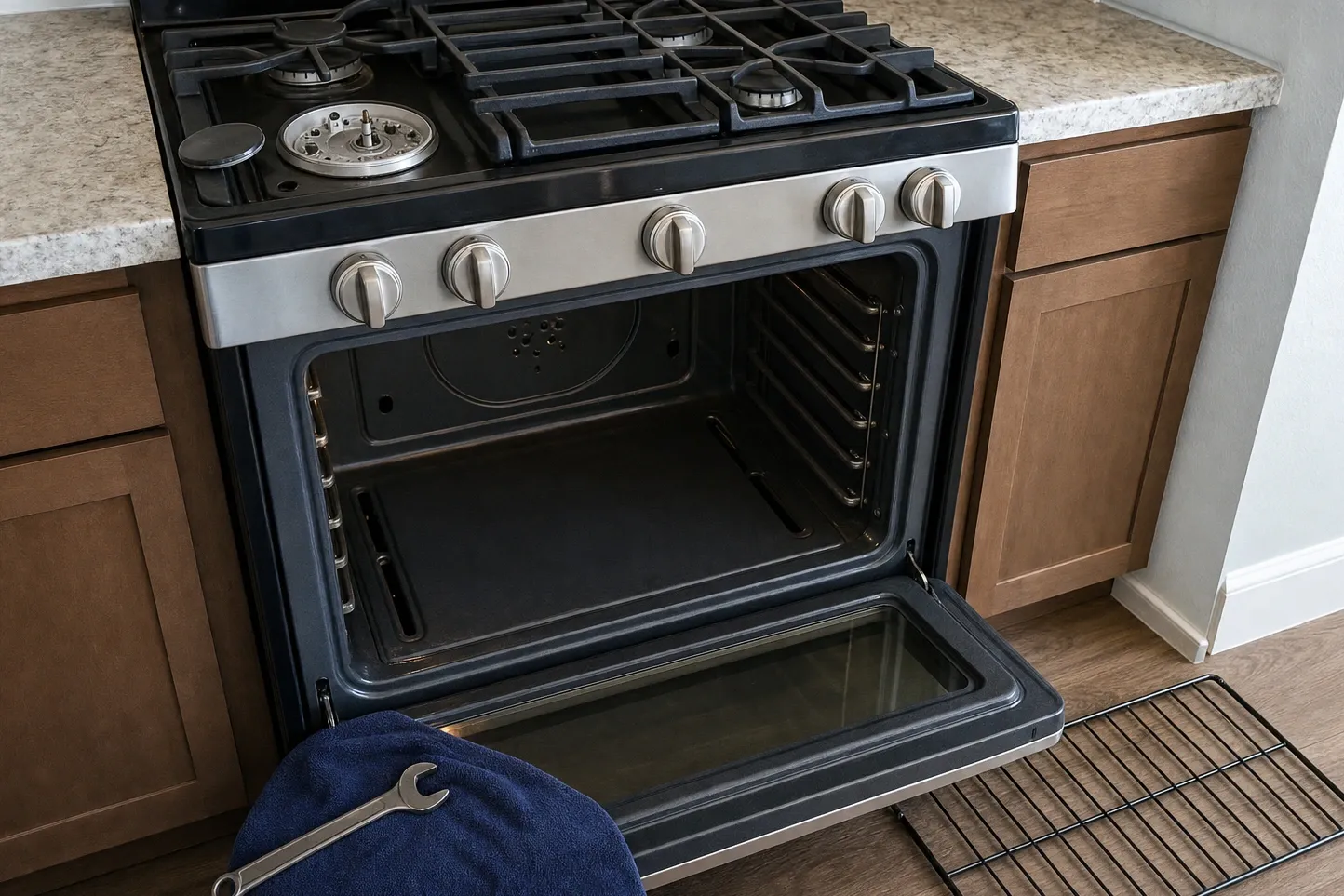 Gas range with the oven door lowered on an empty cavity, rack rails down both walls and one rack out on the floor