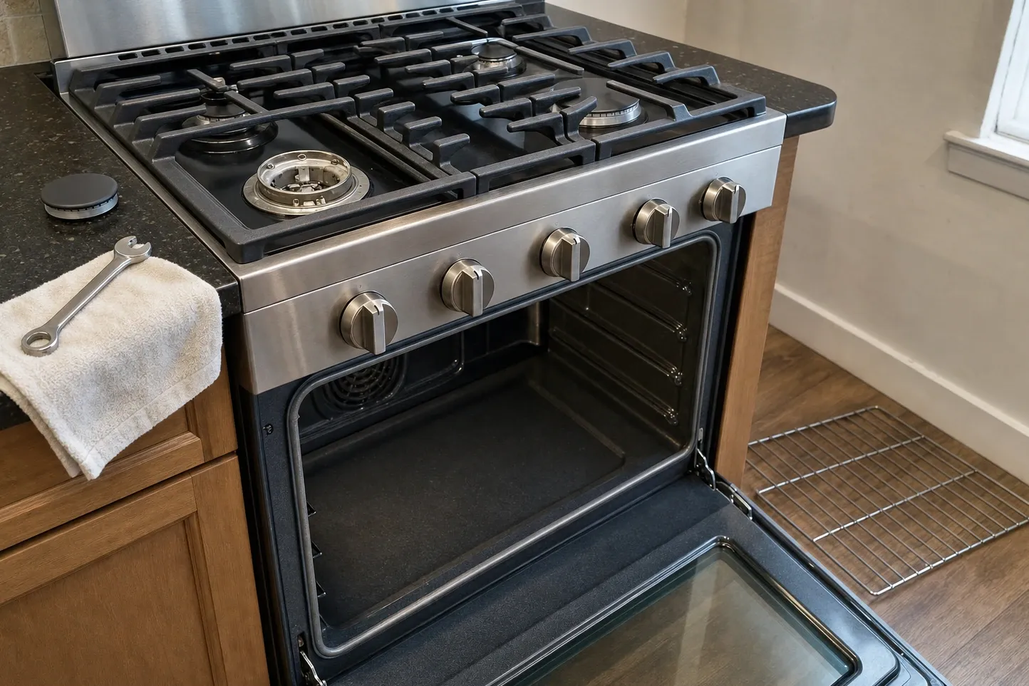 Stainless gas range with heavy cast grates, one burner cap lifted off the burner head and the oven door open, a rack on the floor