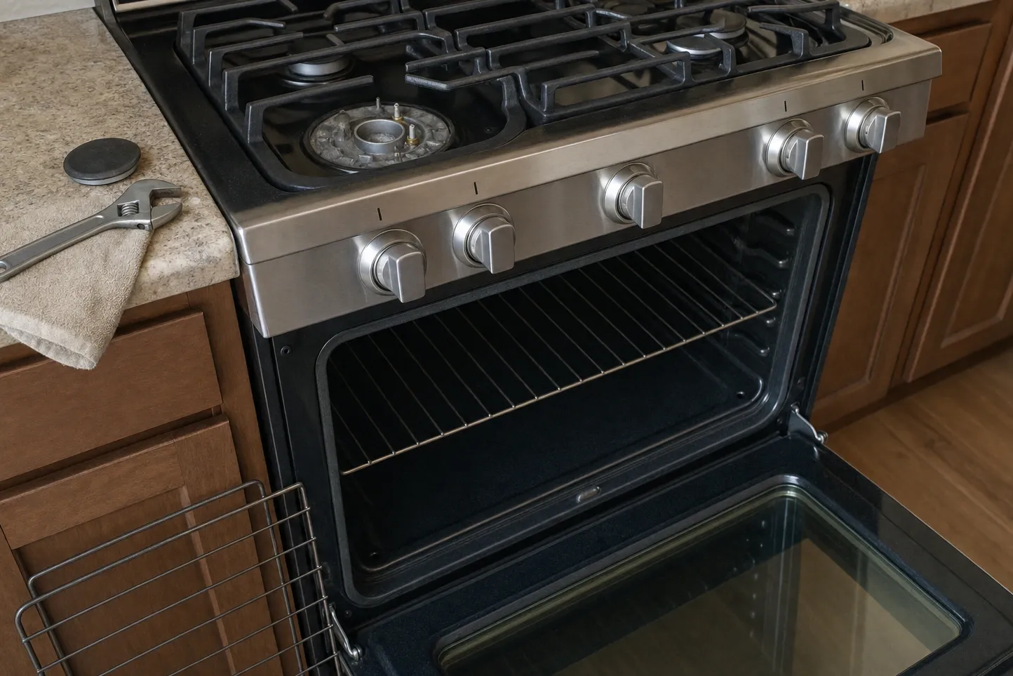 Gas range set between wood cabinets with the control knobs in a row along the front rail, the oven door lowered on an empty cavity and one rack out on the floor. Numbered marks are drawn over it, at the rack sitting on its rails, rack rails down the side wall and the burner cap off, on the counter.