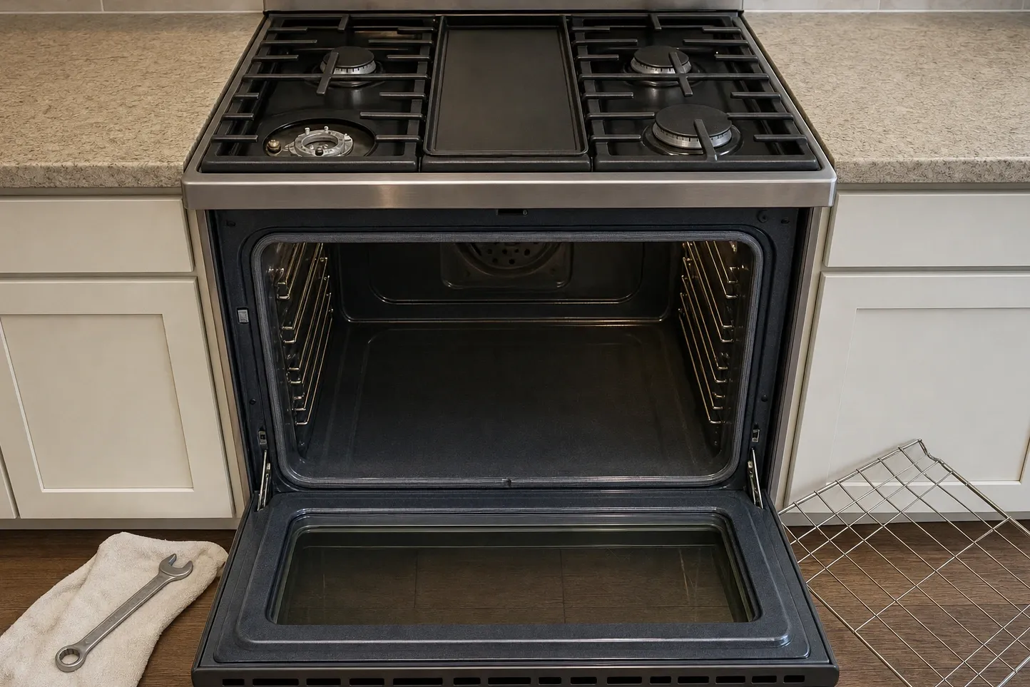 Slide-in range with a flat griddle between the burners and the oven open, showing the round perforated fan cover in the middle of the cavity back wall. Numbered marks are drawn over it, at the round perforated fan cover, rack rails down both side walls and the door lowered flat under the cavity.