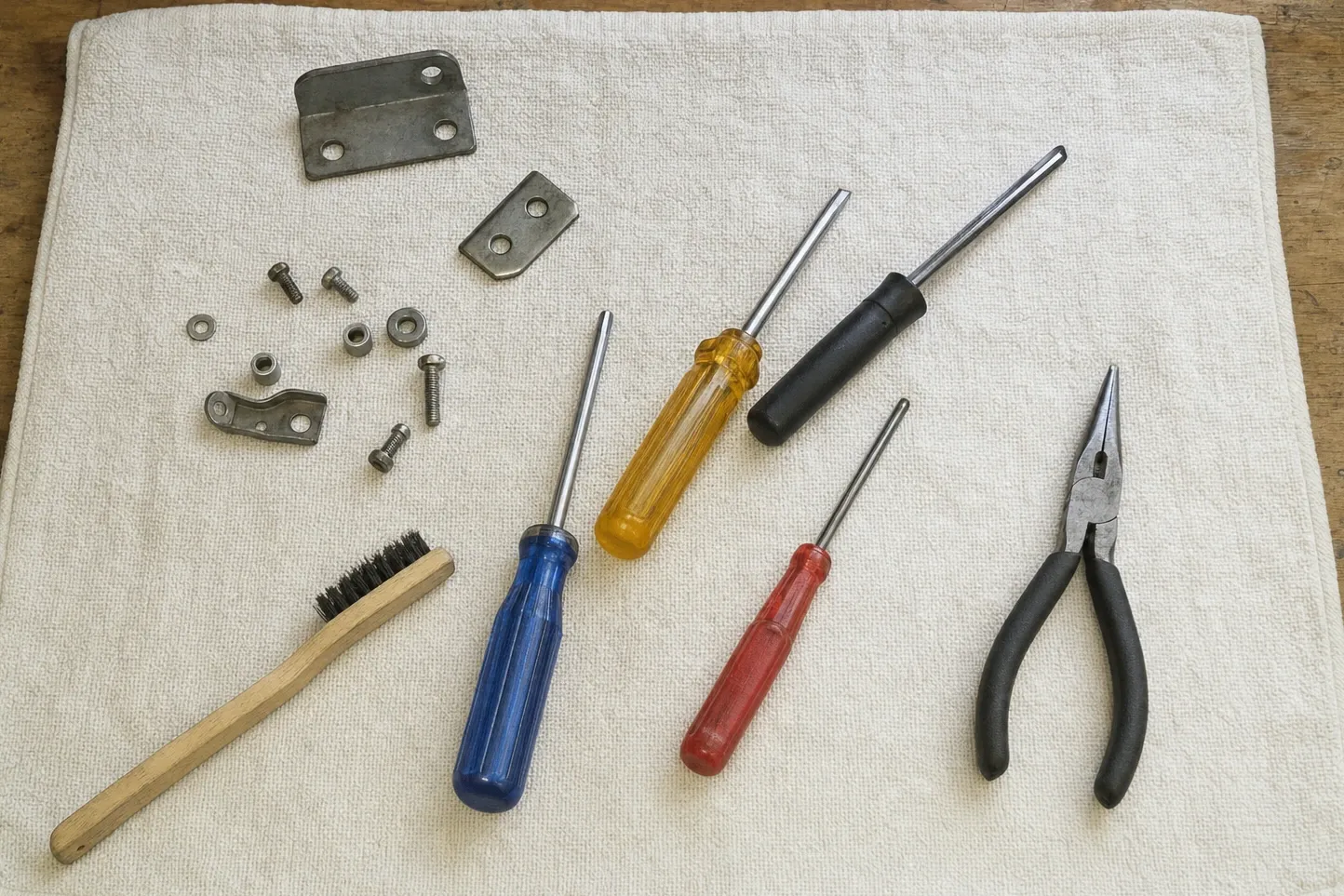 Two-hole hinge strap, a small plate and a cam link with its pin laid out on a towel with bolts, washers, nuts, a wire brush, a Phillips screwdriver, two nut drivers and needle-nose pliers. Numbered marks are drawn over it, at the two-hole hinge strap, cam link with its pin and the washers, nuts and bolts.