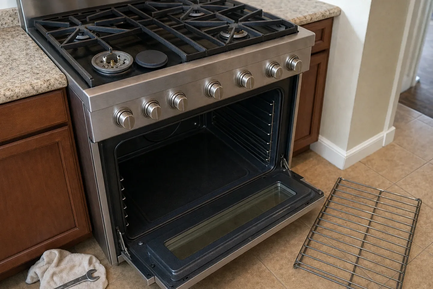 Six-burner stainless range with one cap lifted so the burner head and its electrode show, a full row of control knobs and the oven door open on an empty cavity. Numbered marks are drawn over it, at the one control knob per burner, burner head with the cap lifted off and the empty cavity, door lowered flat.